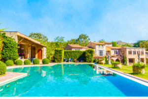 Outdoor swimming pool with beautiful landscape background