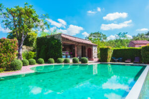Swimming pool with outdoor view and beautiful Architecture building with tuscany style - Vintage Filter